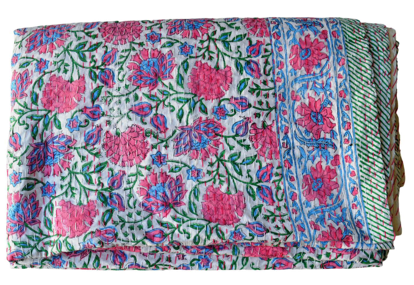 Handmade Cotton Kantha Bedspread Quilt Handmade Throw Blanket Gudari Traditional block Printed