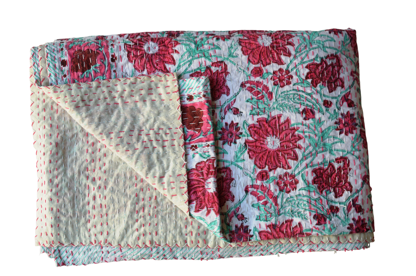 Handmade Cotton Kantha Bedspread Quilt Handmade Throw Blanket Gudari Traditional block Printed