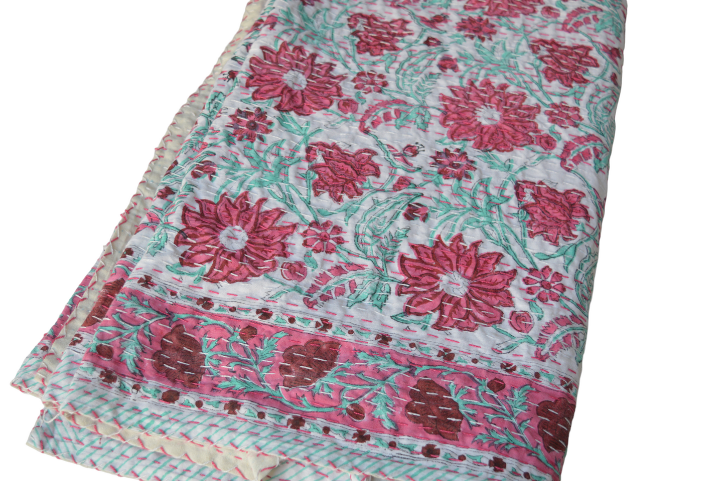 Handmade Cotton Kantha Bedspread Quilt Handmade Throw Blanket Gudari Traditional block Printed