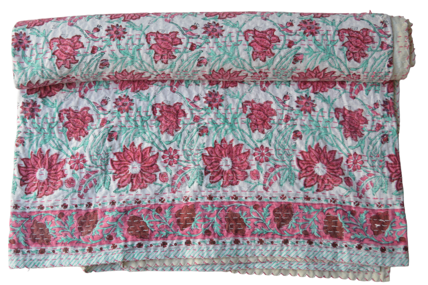 Handmade Cotton Kantha Bedspread Quilt Handmade Throw Blanket Gudari Traditional block Printed