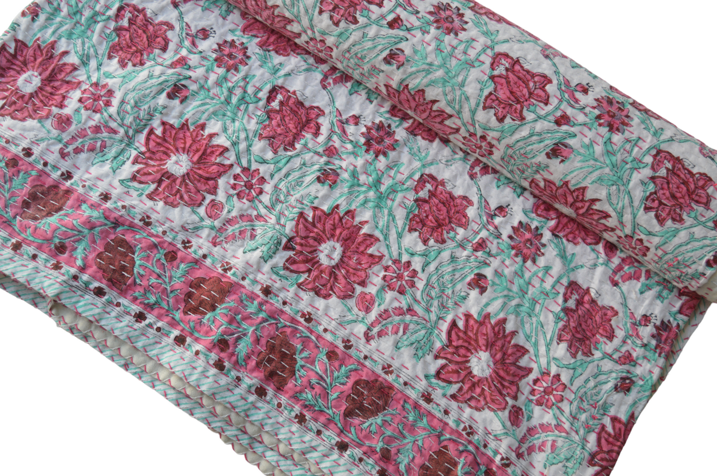 Handmade Cotton Kantha Bedspread Quilt Handmade Throw Blanket Gudari Traditional block Printed
