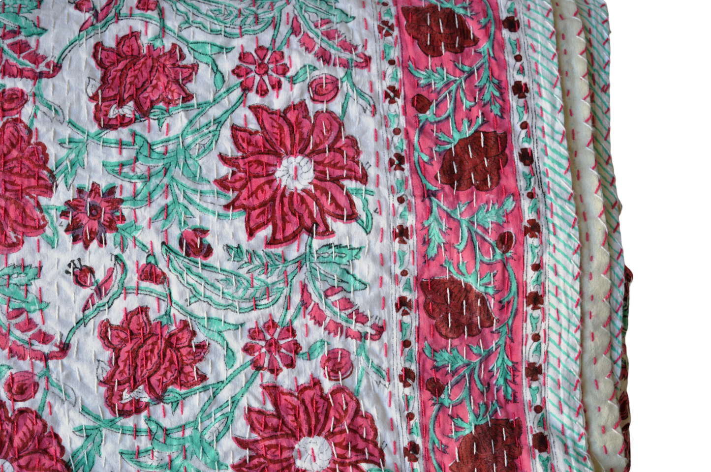 Handmade Cotton Kantha Bedspread Quilt Handmade Throw Blanket Gudari Traditional block Printed