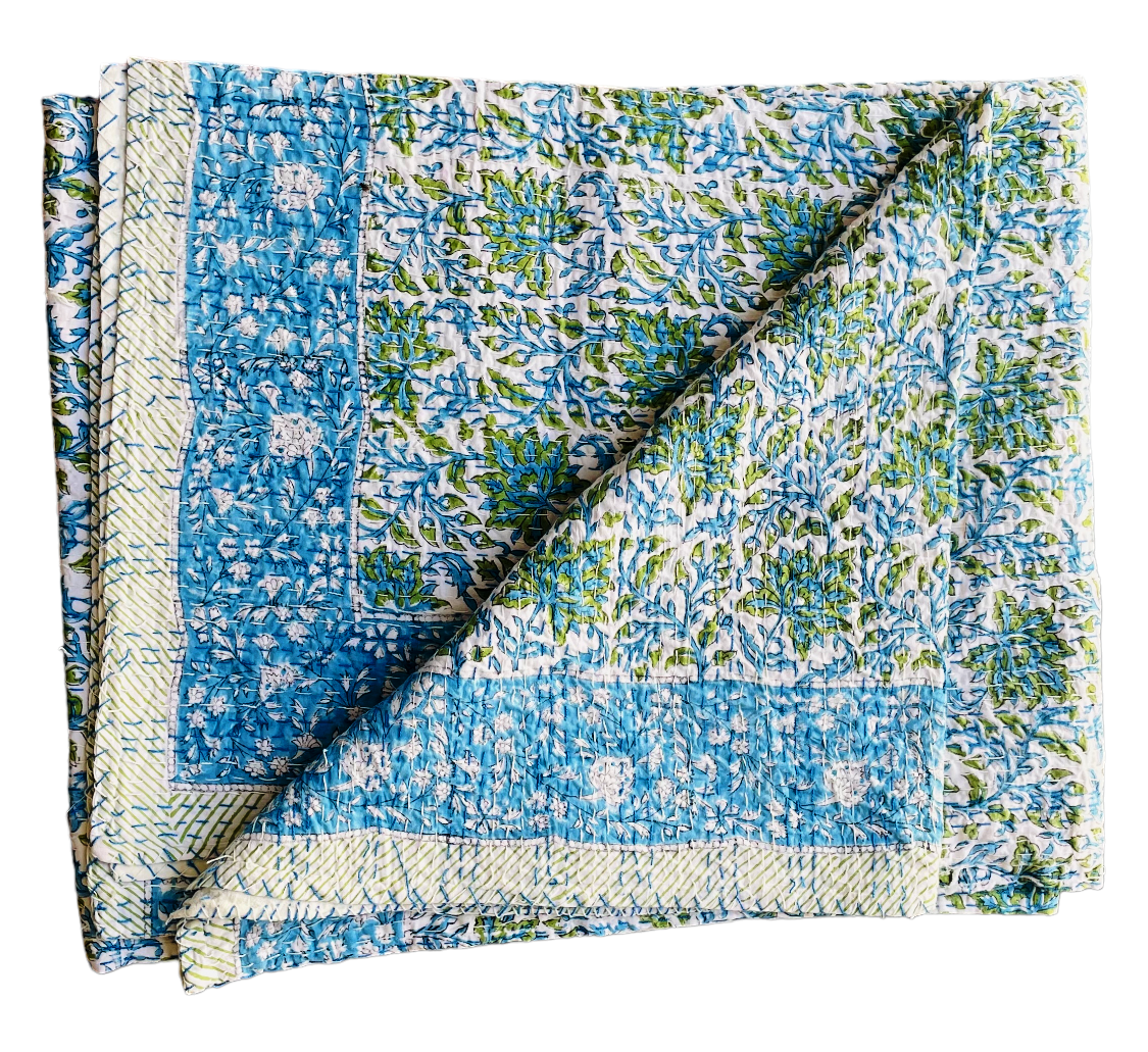 Handmade Cotton Kantha Bedspread Quilt Handmade Throw Blanket Gudari Traditional block Printed