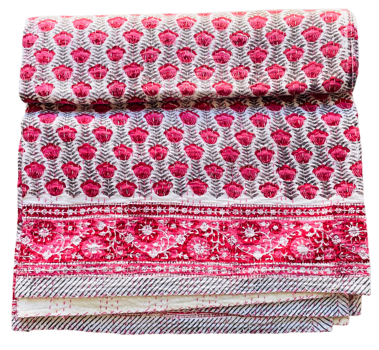Handmade Cotton Kantha Bedspread Quilt Handmade Throw Blanket Gudari Traditional block Printed