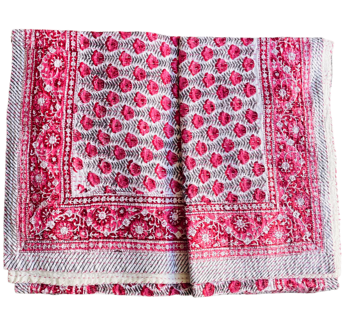 Handmade Cotton Kantha Bedspread Quilt Handmade Throw Blanket Gudari Traditional block Printed