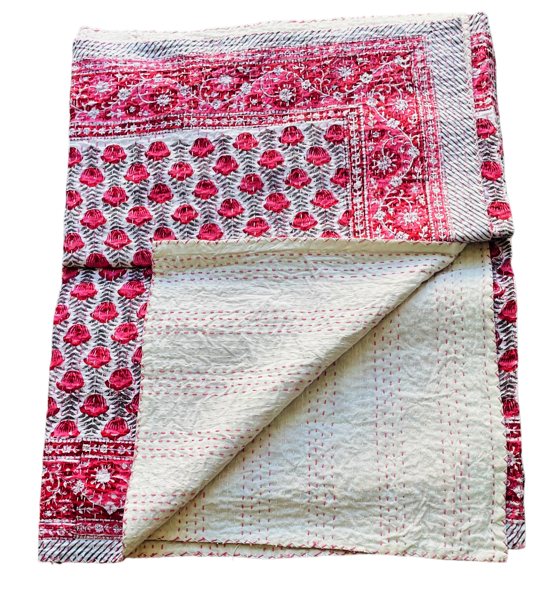 Handmade Cotton Kantha Bedspread Quilt Handmade Throw Blanket Gudari Traditional block Printed