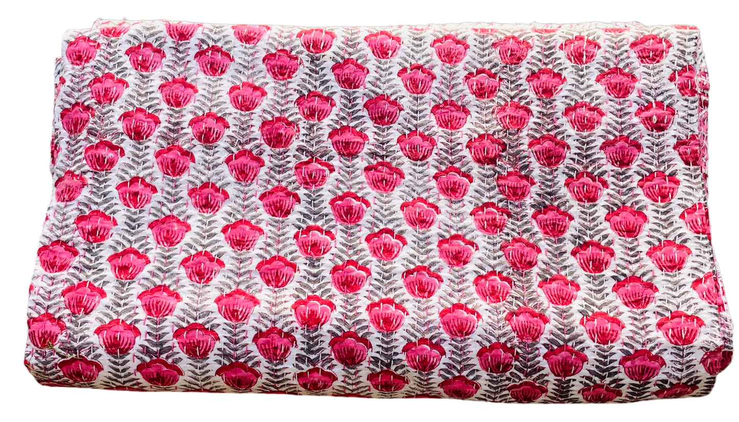 Handmade Cotton Kantha Bedspread Quilt Handmade Throw Blanket Gudari Traditional block Printed