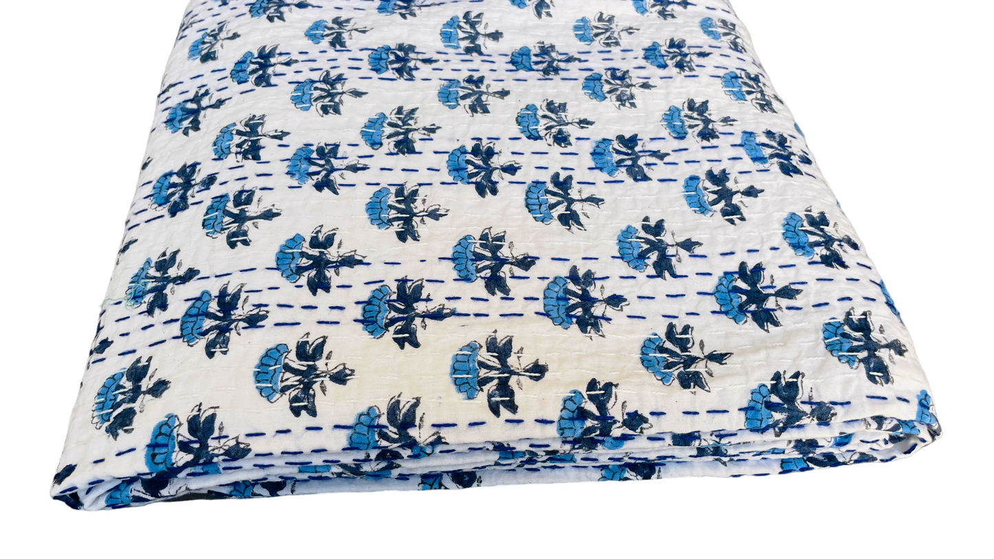 Handmade Cotton Kantha Bedspread Quilt Handmade Throw Blanket Gudari Traditional block Printed