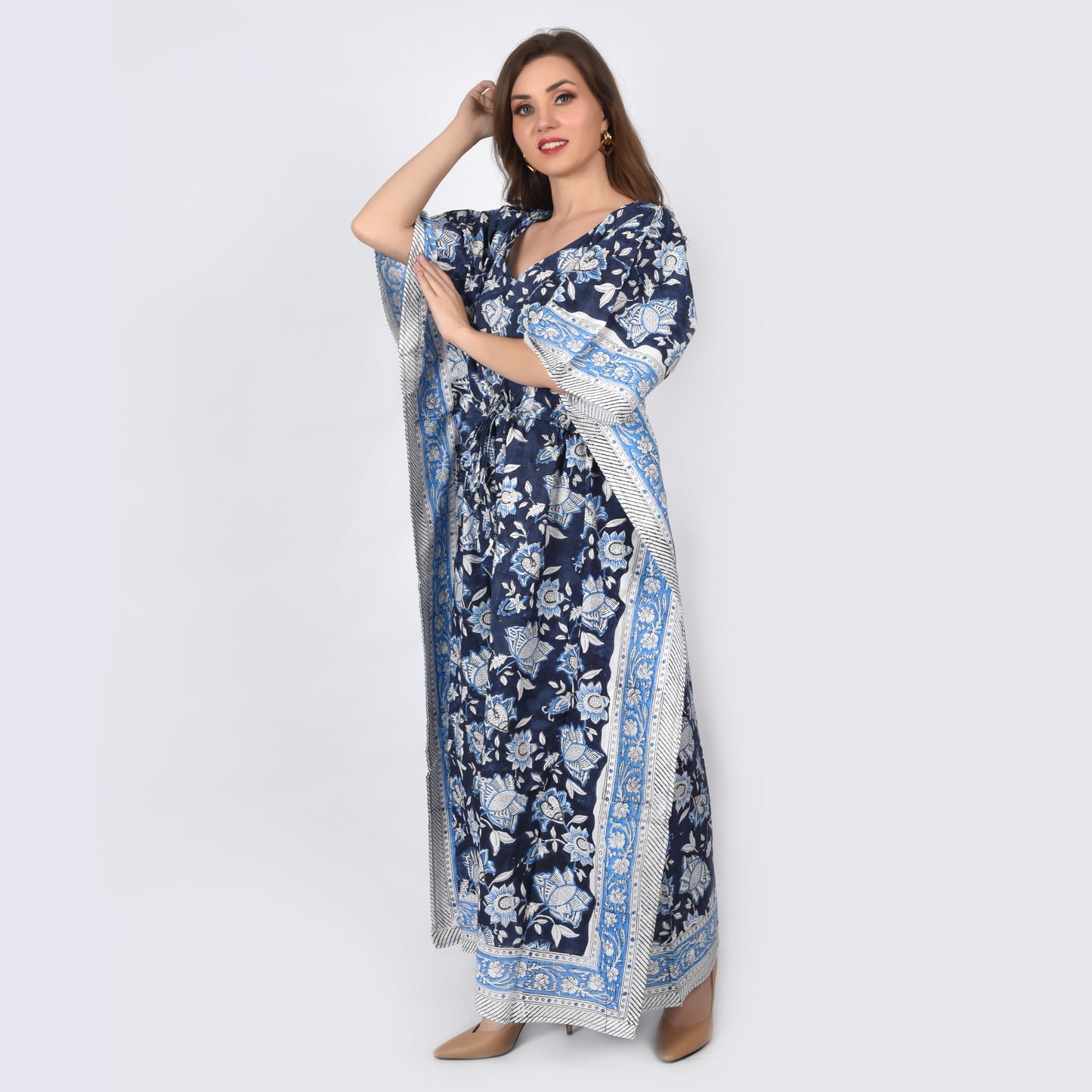 Hand Block Print Cotton Caftans For Women Free Size Vintage traditonal art Maxi gown sleepwear