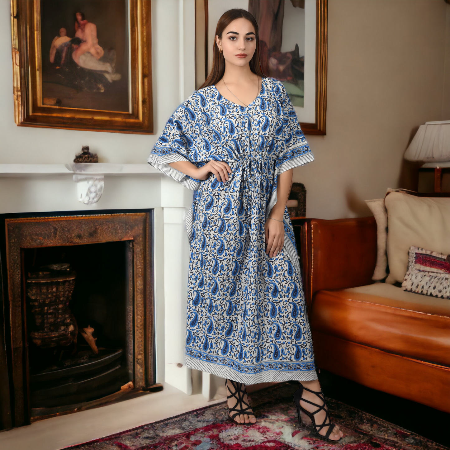 Hand Block Print Cotton Caftans For Women Free Size Vintage traditonal art Maxi gown sleepwear Night gown