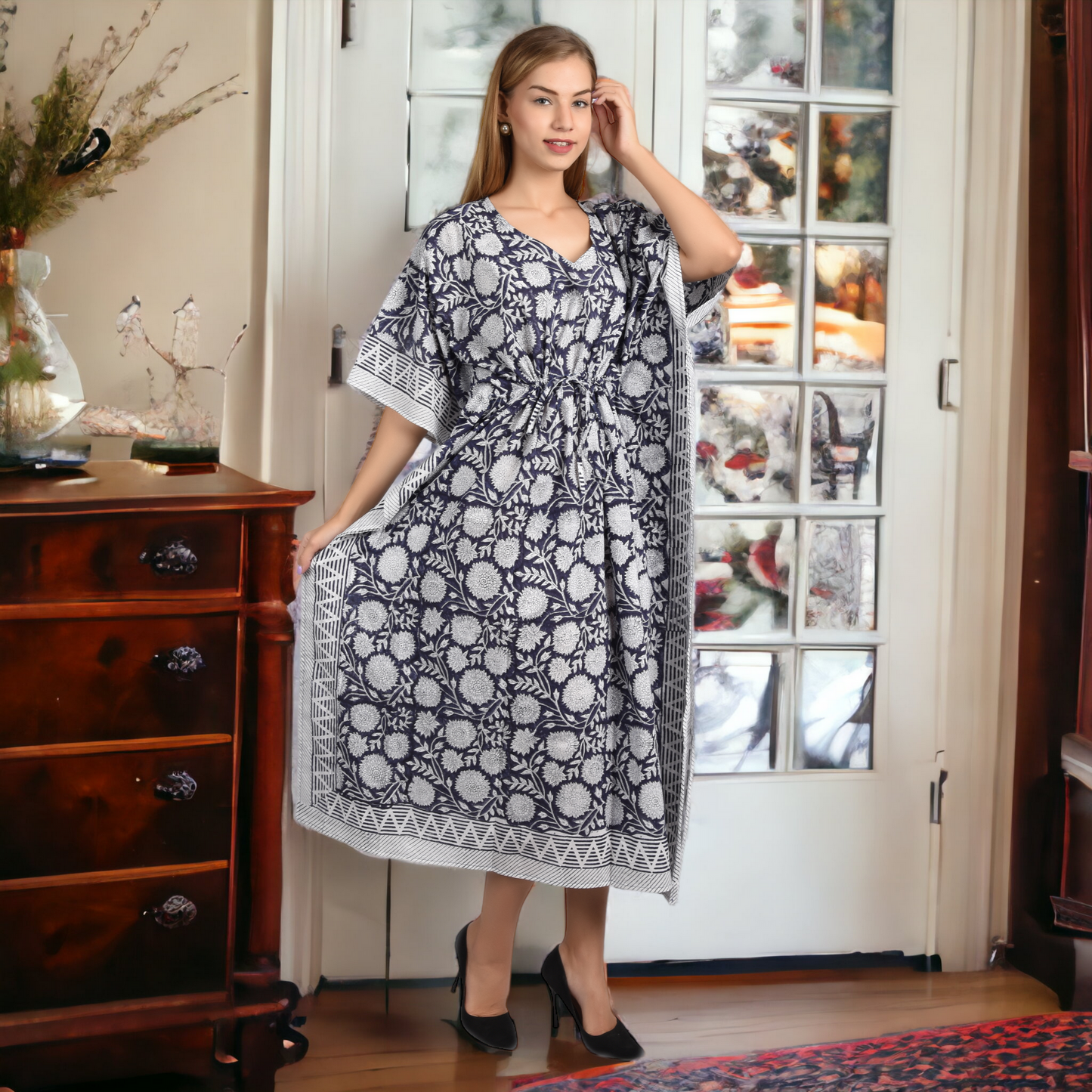 Hand Block Print Cotton Caftans For Women Free Size Vintage traditonal art Maxi gown sleepwear Night gown