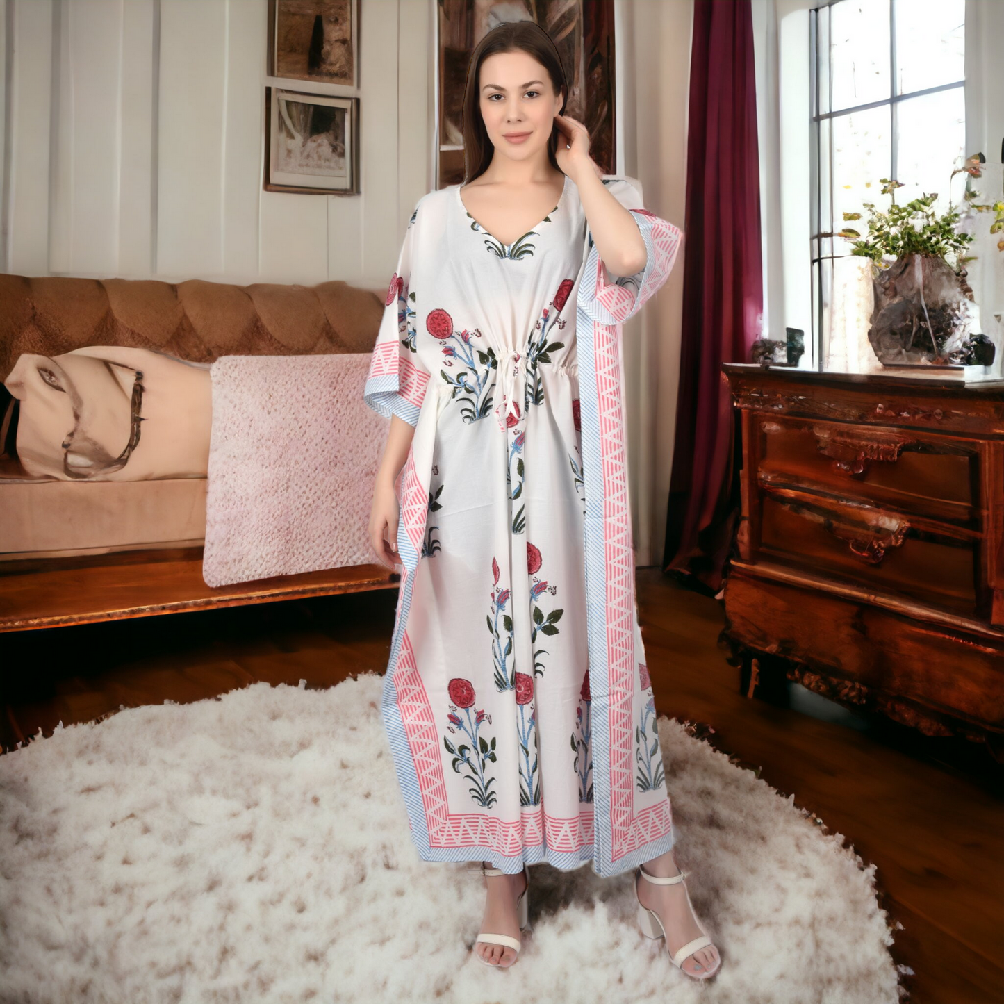 Hand Block Print Cotton Caftans For Women Free Size Vintage traditonal art Maxi gown sleepwear Night gown