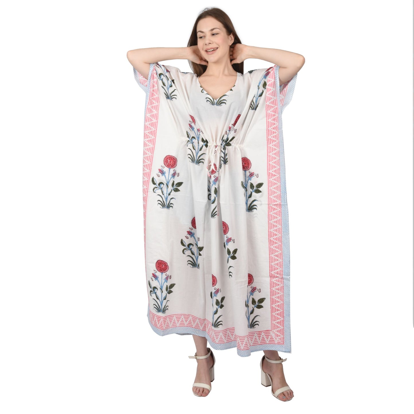 Hand Block Print Cotton Caftans For Women Free Size Vintage traditonal art Maxi gown sleepwear Night gown