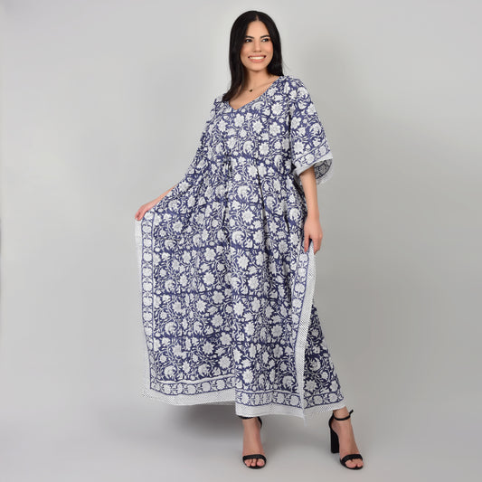 Hand Block Print Cotton Caftans For Women Free Size Vintage traditonal art Maxi gown sleepwear Night gown Kaftan dress