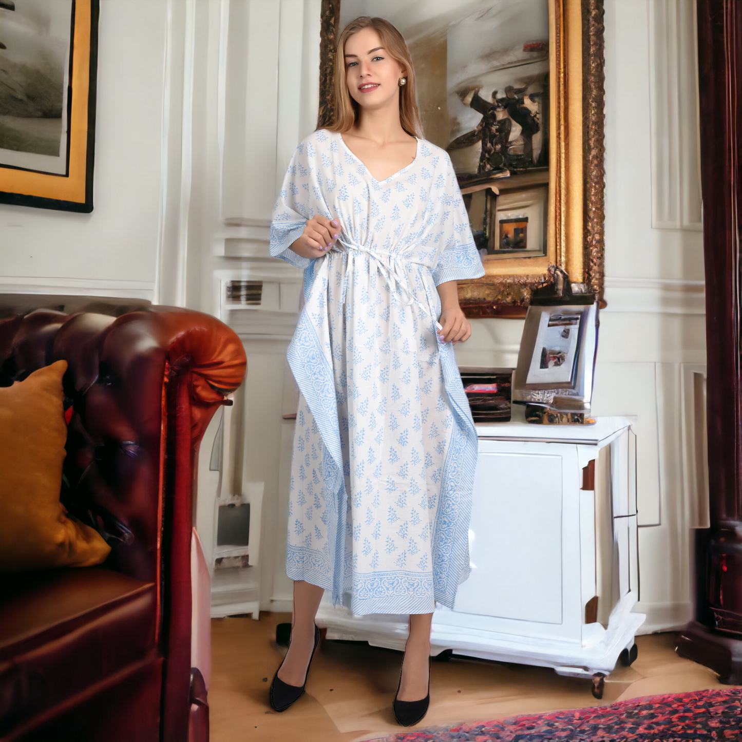 Hand Block Print Cotton Caftans For Women Free Size Vintage traditonal art Maxi gown sleepwear Night gown