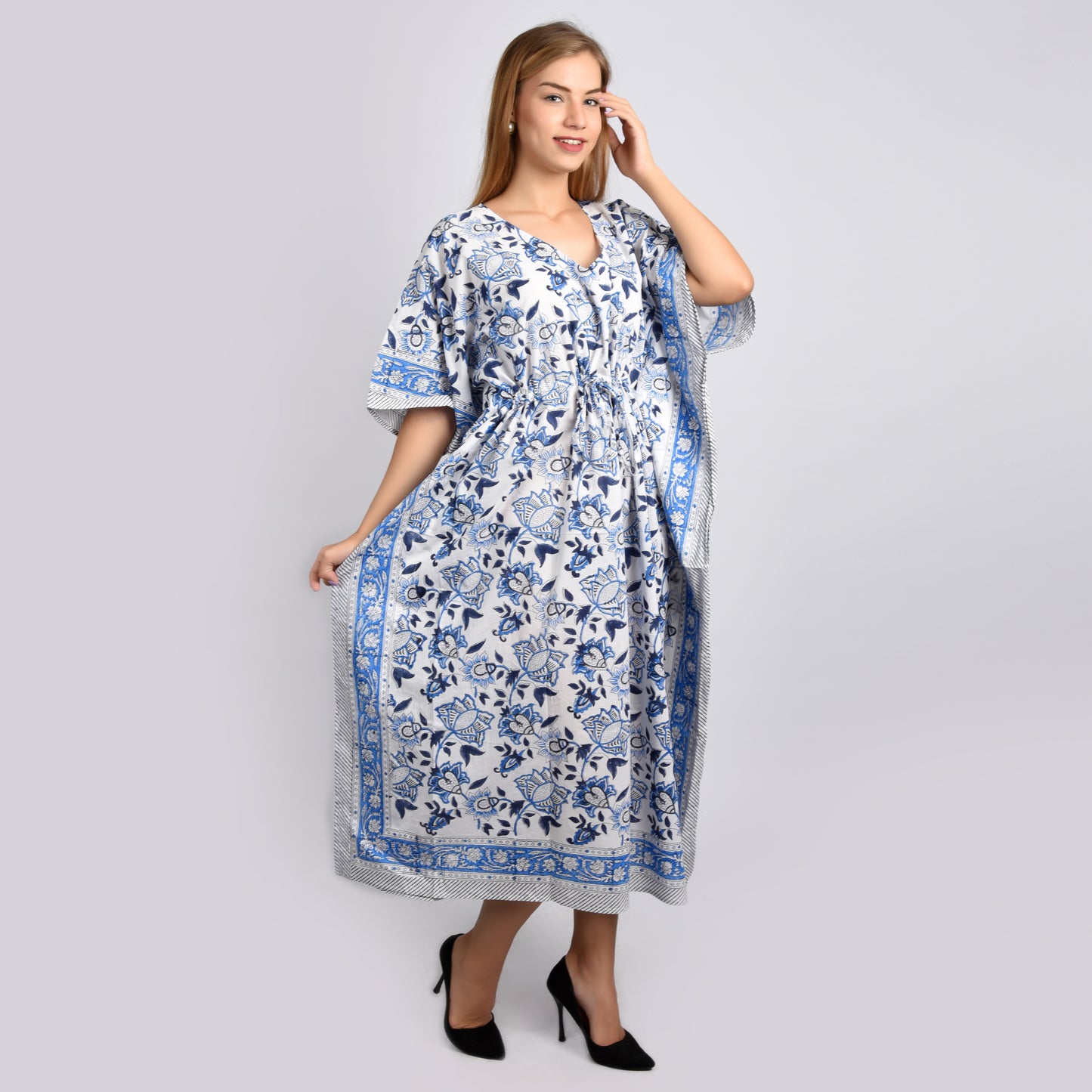 Hand Block Print Cotton Caftans For Women Free Size Vintage traditonal art Maxi gown sleepwear Night gown