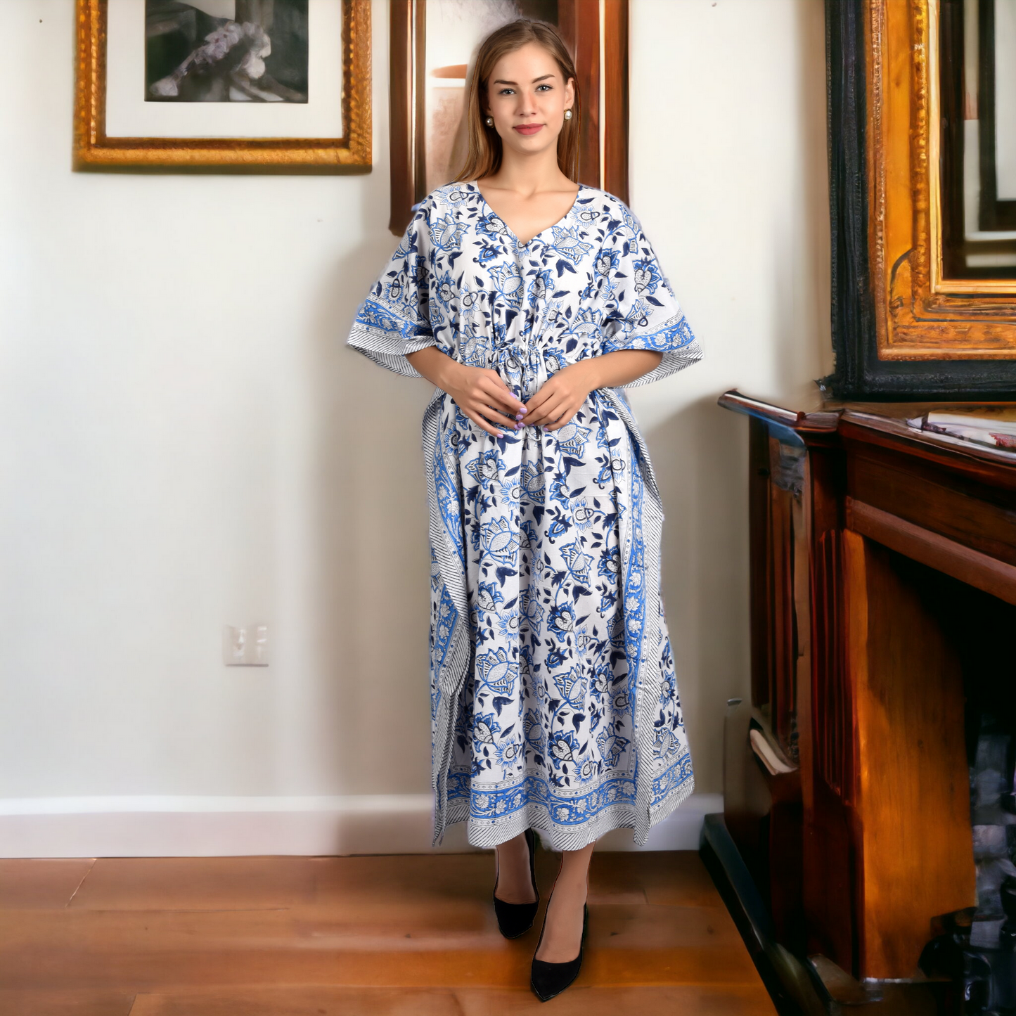 Hand Block Print Cotton Caftans For Women Free Size Vintage traditonal art Maxi gown sleepwear Night gown