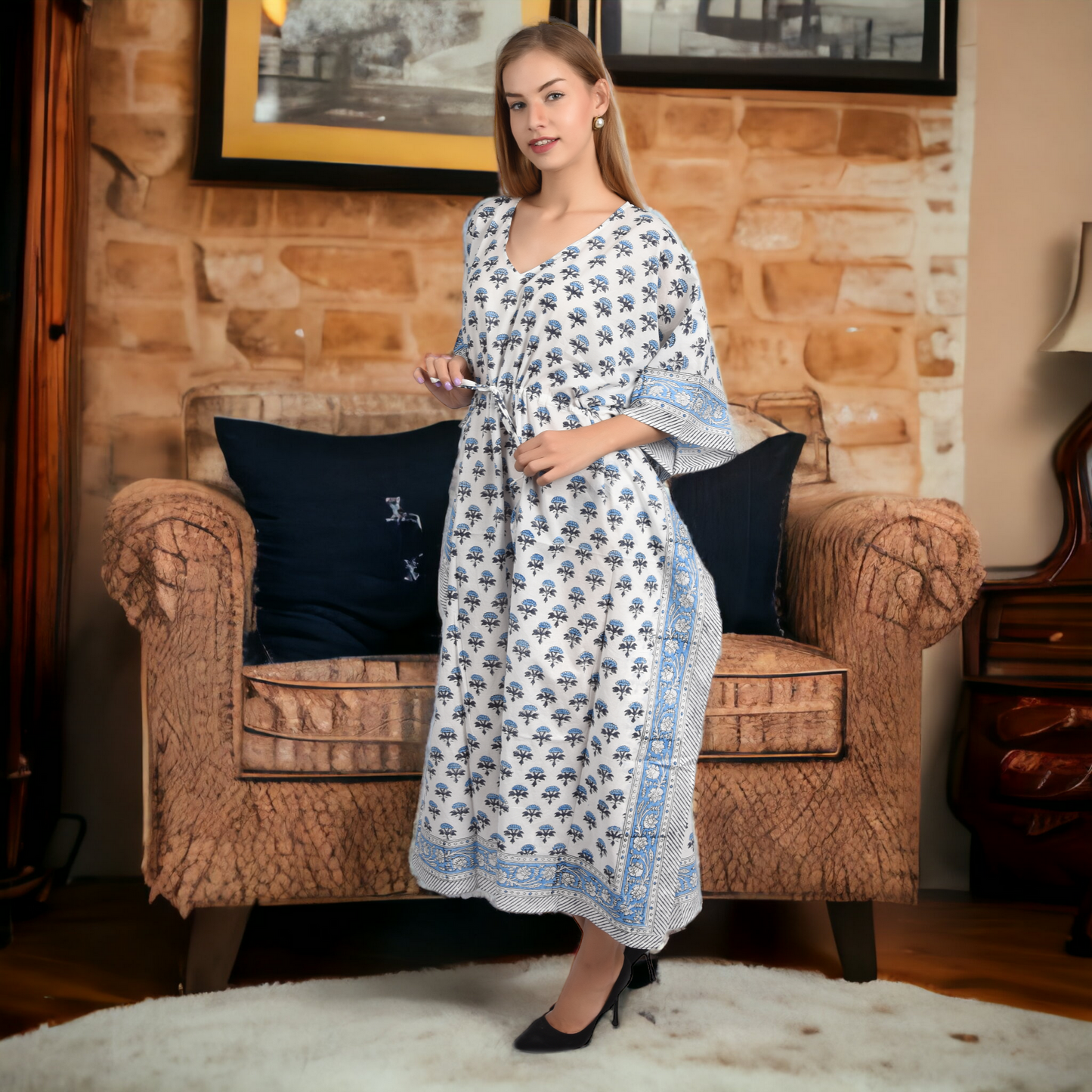 Hand Block Print Cotton Caftans For Women Free Size Vintage traditonal art Maxi gown sleepwear Night gown