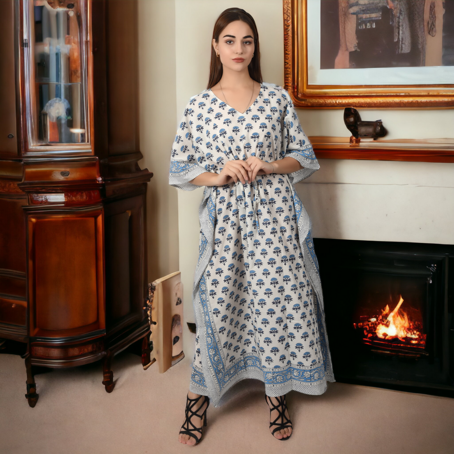 Hand Block Print Cotton Caftans For Women Free Size Vintage traditonal art Maxi gown sleepwear Night gown