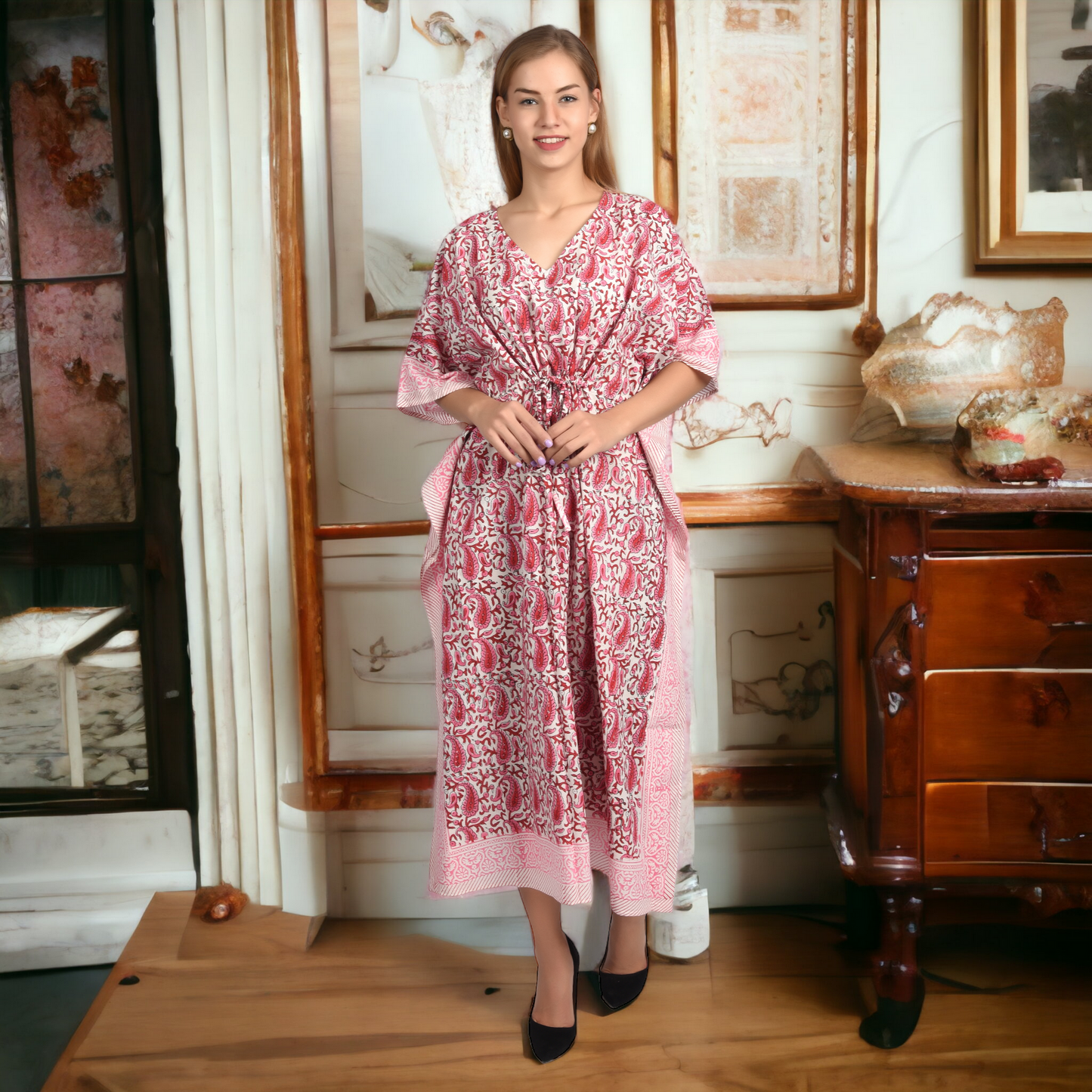 Hand Block Print Cotton Caftans For Women Free Size Vintage traditonal art Maxi gown sleepwear Night gown