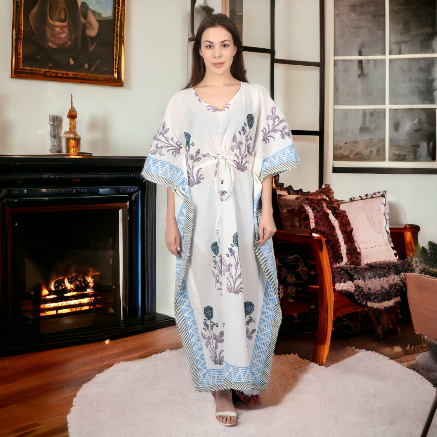 Hand Block Print Cotton Caftans For Women Free Size Vintage traditonal art Maxi gown sleepwear Night gown
