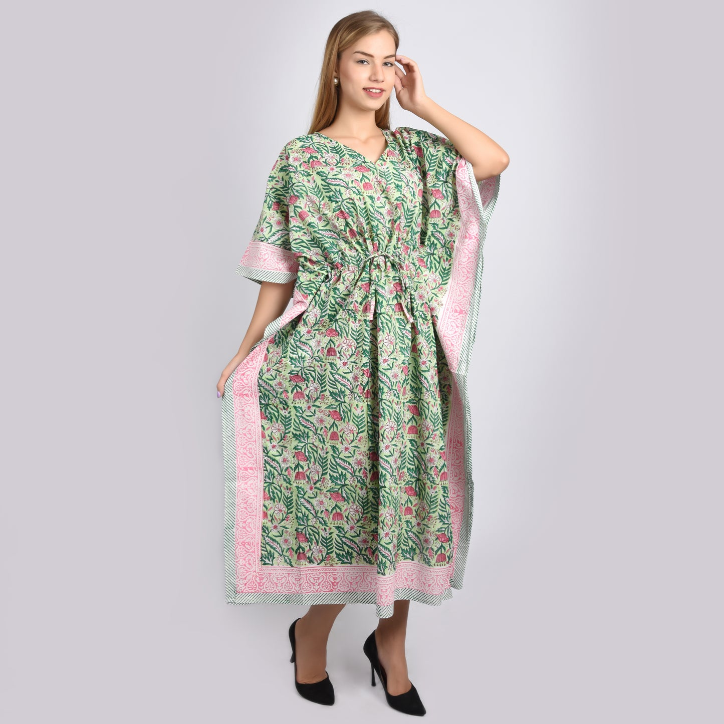 Hand Block Print Cotton Caftans For Women Free Size Vintage traditonal art Maxi gown sleepwear Night gown