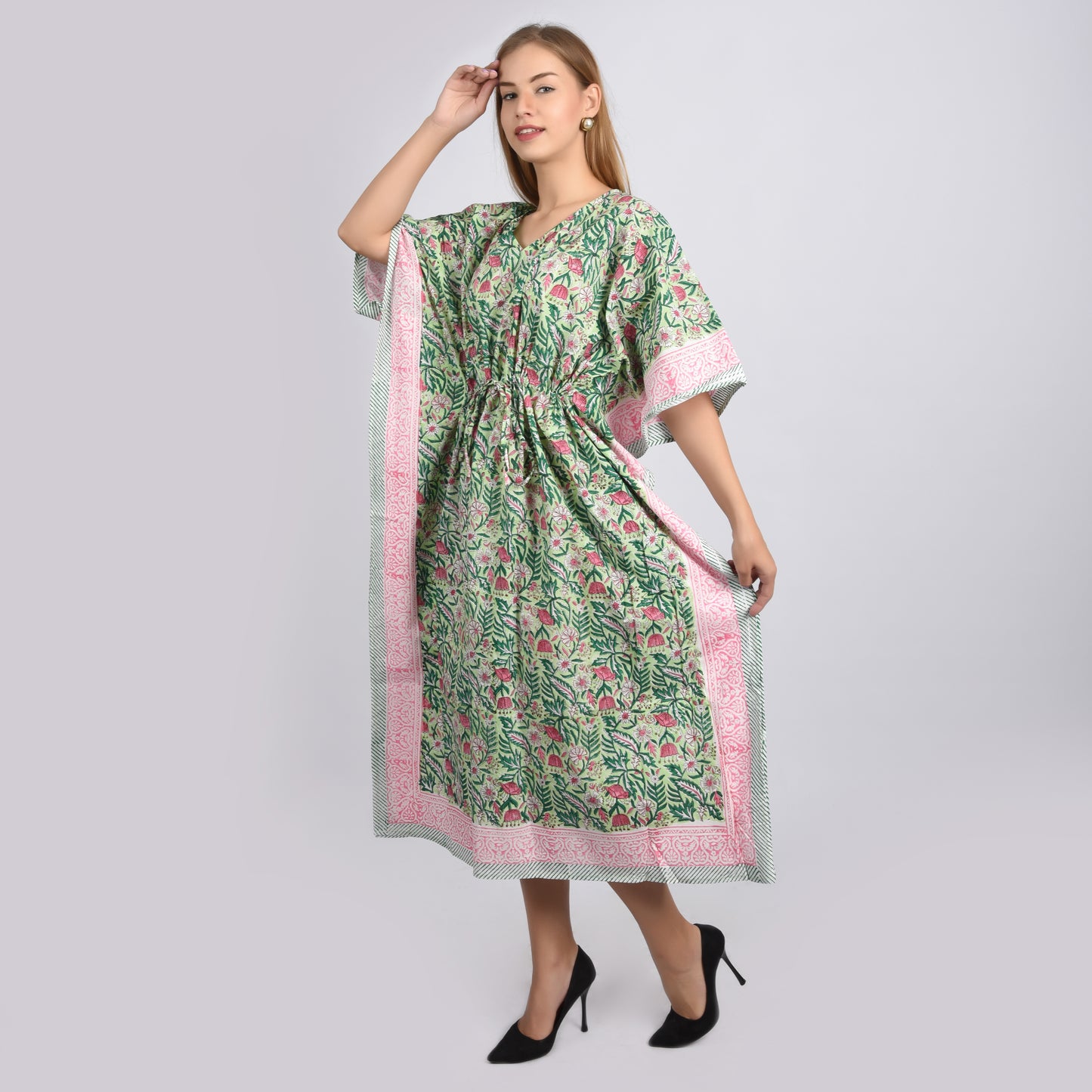Hand Block Print Cotton Caftans For Women Free Size Vintage traditonal art Maxi gown sleepwear Night gown