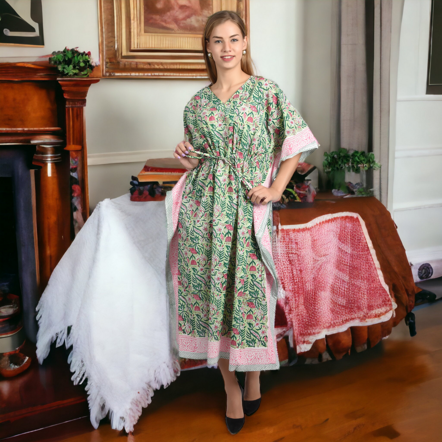 Hand Block Print Cotton Caftans For Women Free Size Vintage traditonal art Maxi gown sleepwear Night gown