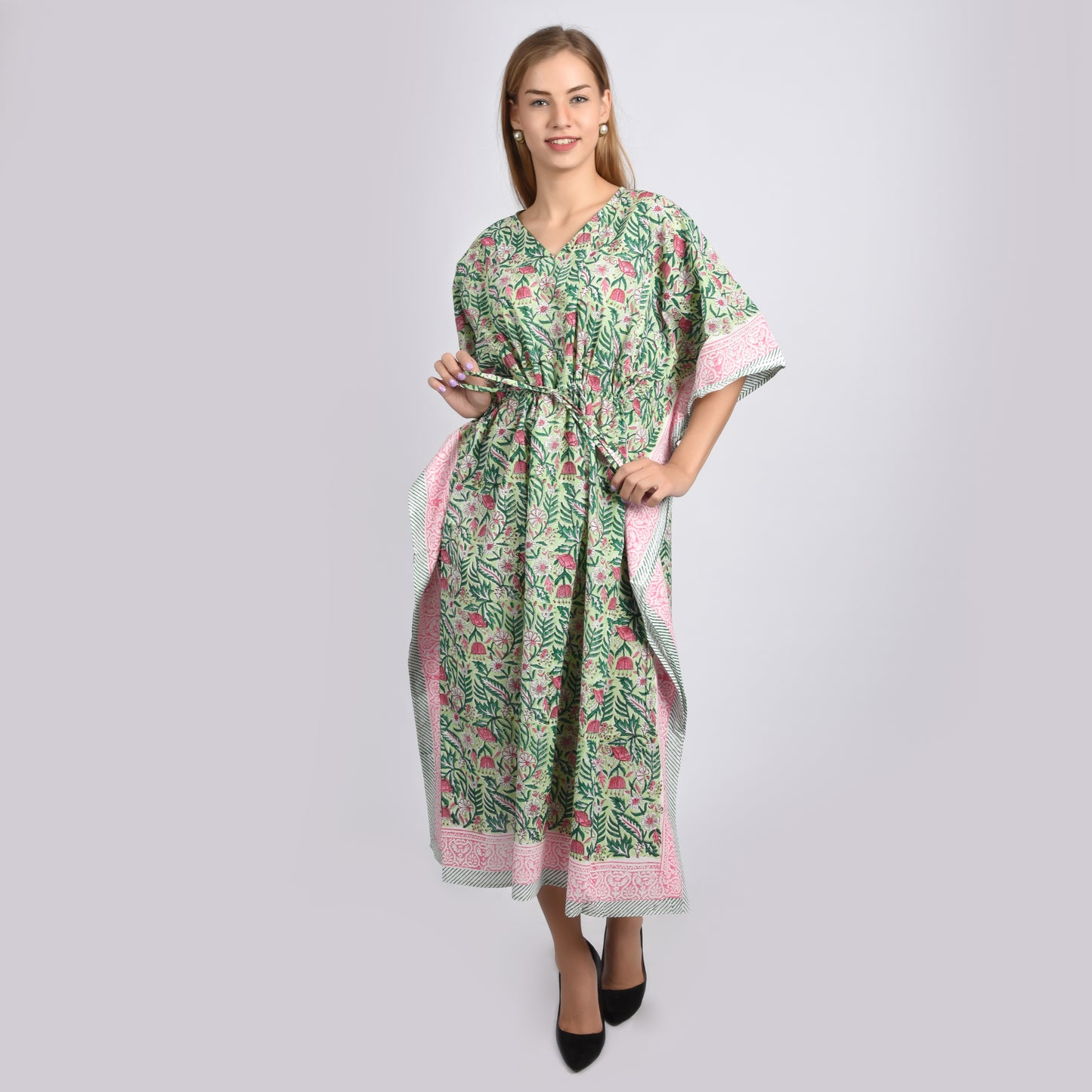 Hand Block Print Cotton Caftans For Women Free Size Vintage traditonal art Maxi gown sleepwear Night gown