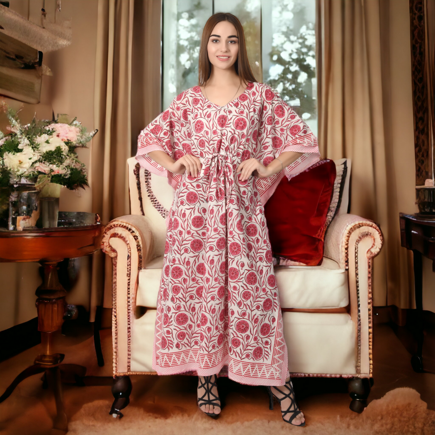 Hand Block Print Cotton Caftans For Women Free Size Vintage traditonal art Maxi gown sleepwear Night gown