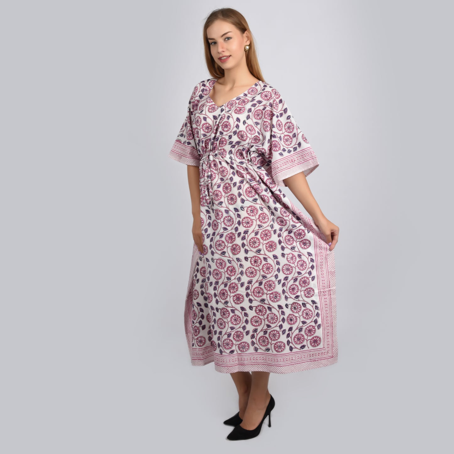Hand Block Print Cotton Caftans For Women Free Size Vintage traditonal art Maxi gown sleepwear Night gown
