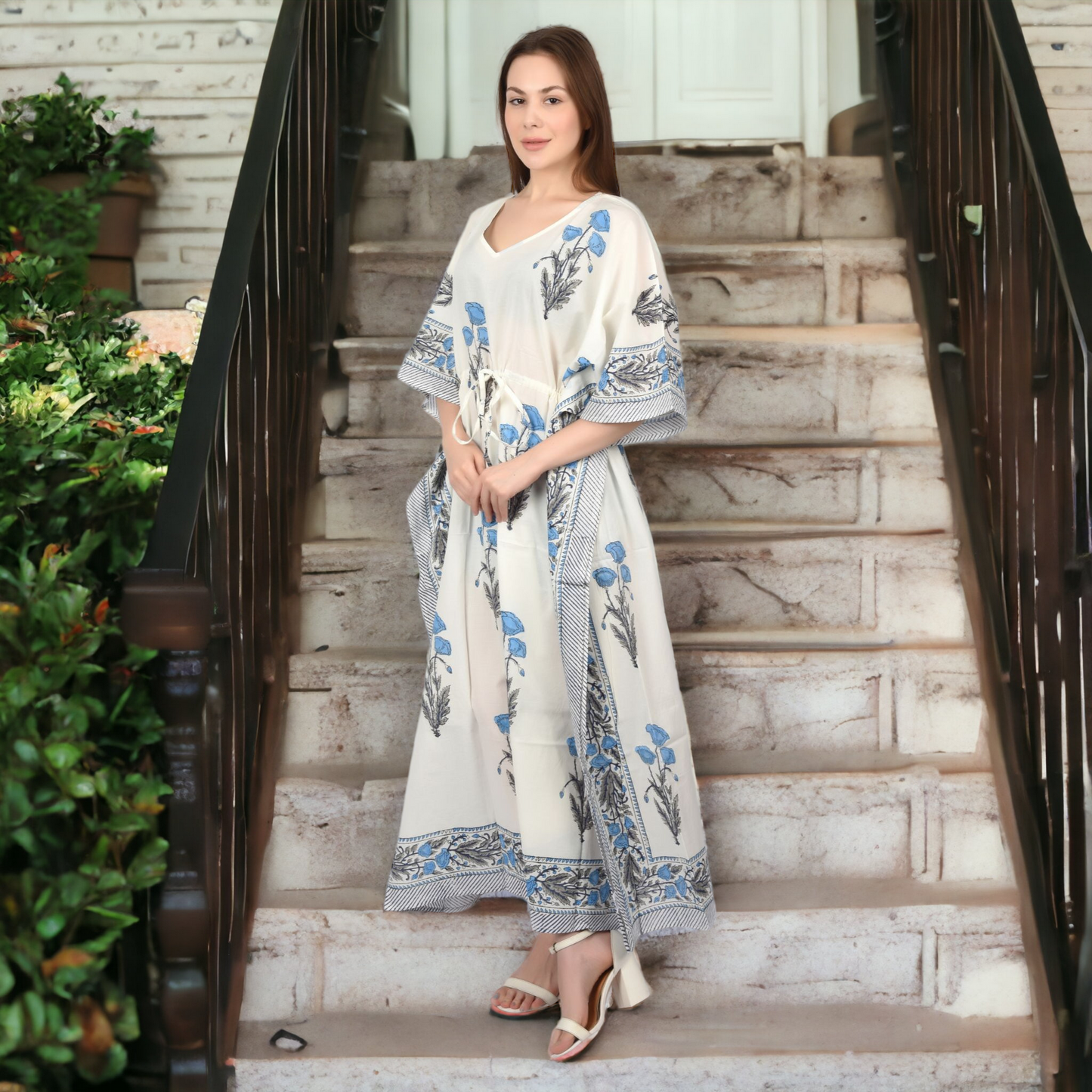 Women Cotton Kaftan Hand Block Print Free Size Vintage traditonal art Maxi gown sleepwear Drawsting Night gown