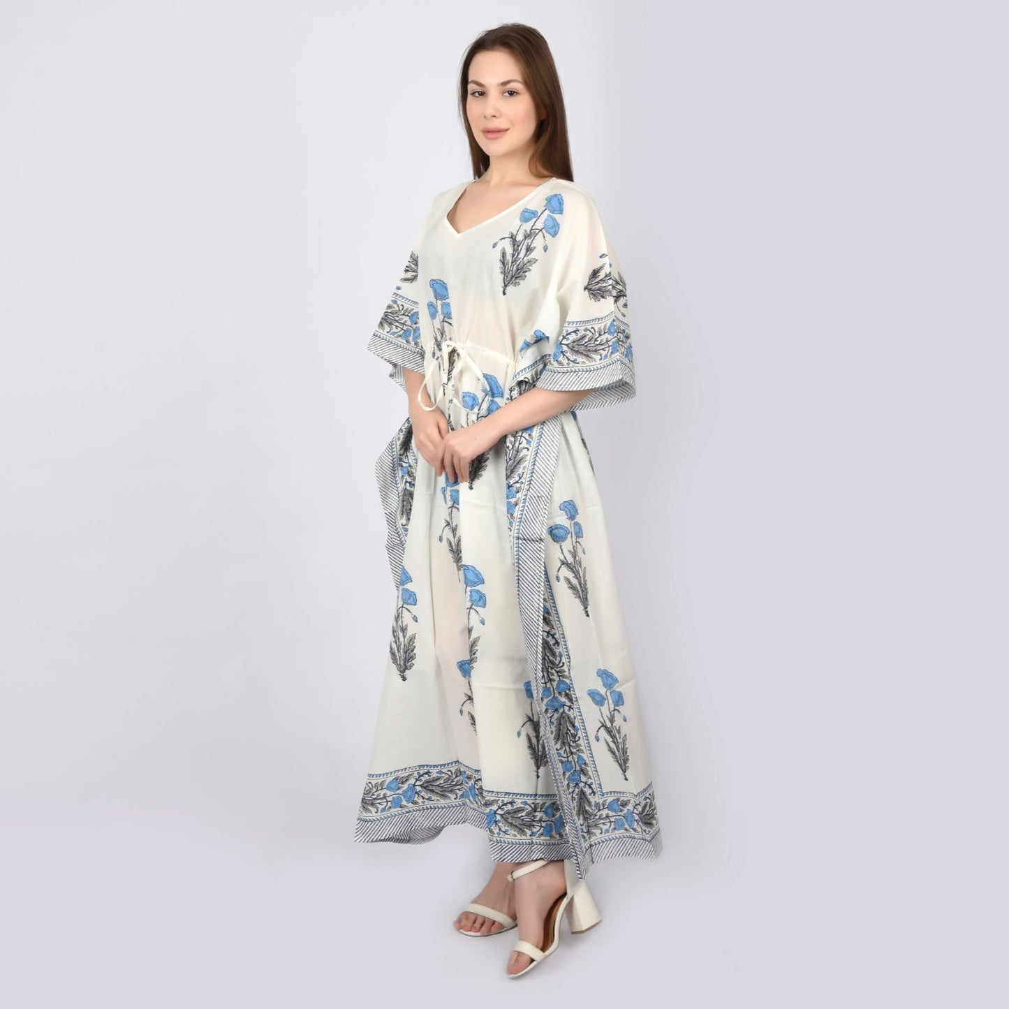 Women Cotton Kaftan Hand Block Print Free Size Vintage traditonal art Maxi gown sleepwear Drawsting Night gown