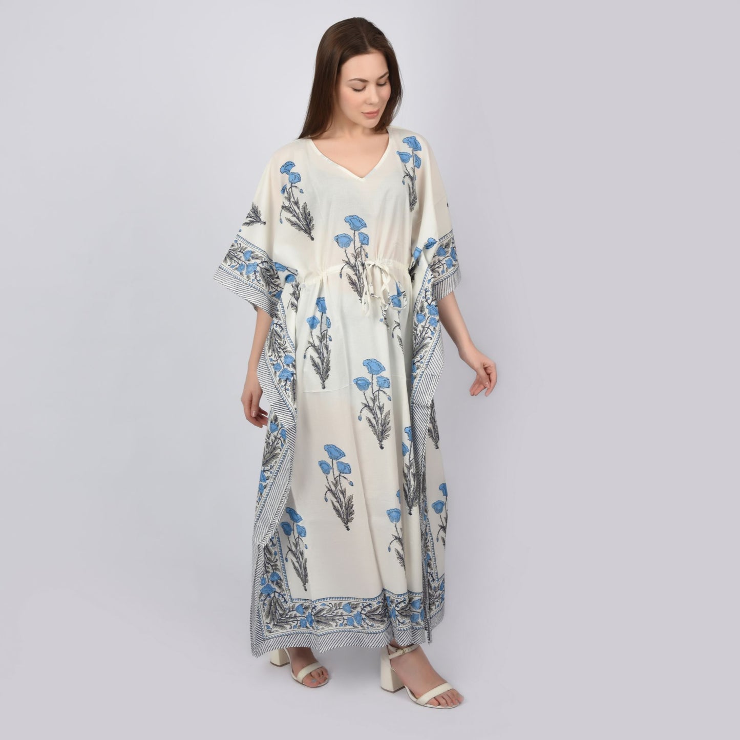 Women Cotton Kaftan Hand Block Print Free Size Vintage traditonal art Maxi gown sleepwear Drawsting Night gown