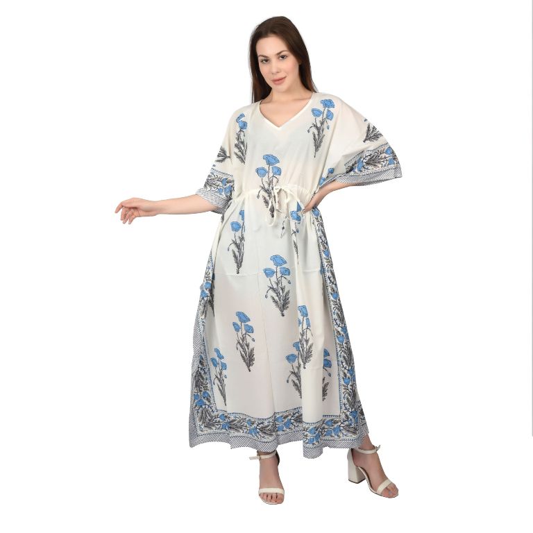 Women Cotton Kaftan Hand Block Print Free Size Vintage traditonal art Maxi gown sleepwear Drawsting Night gown