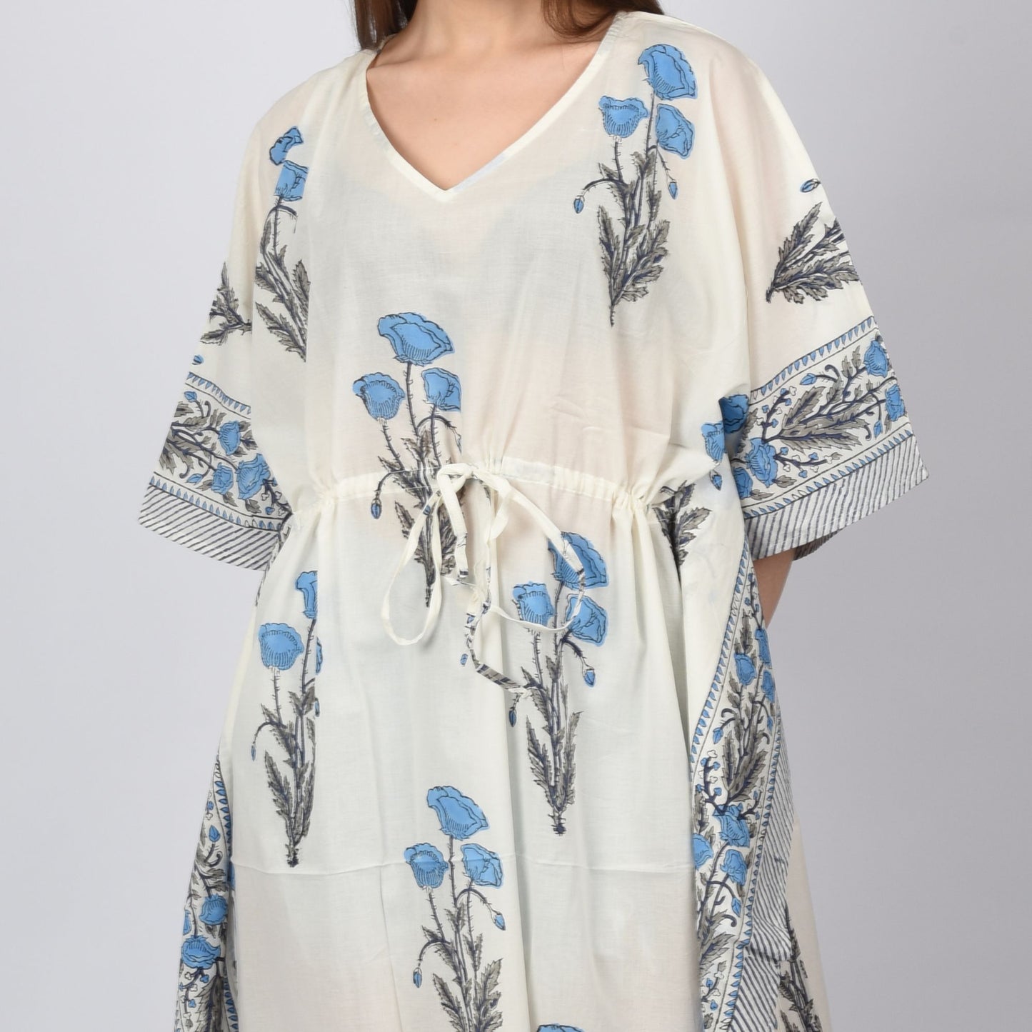 Women Cotton Kaftan Hand Block Print Free Size Vintage traditonal art Maxi gown sleepwear Drawsting Night gown