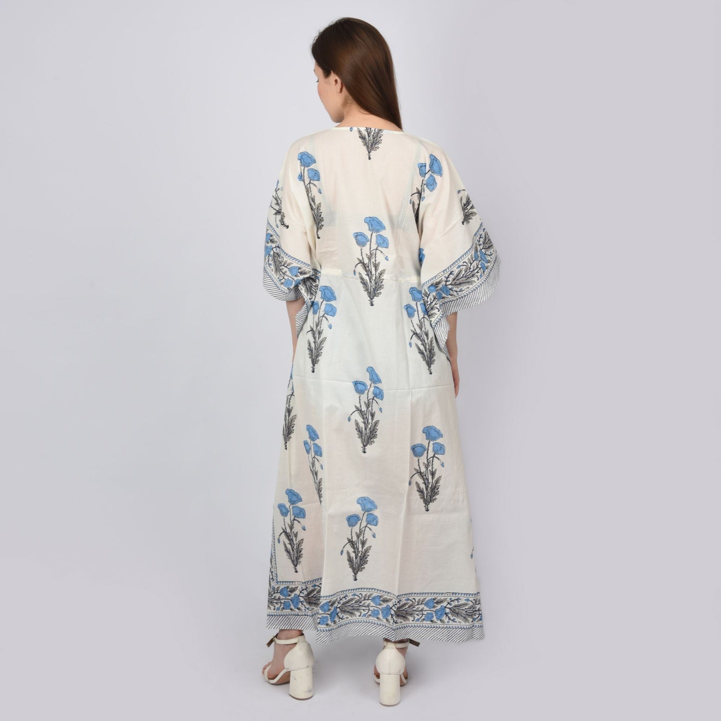 Women Cotton Kaftan Hand Block Print Free Size Vintage traditonal art Maxi gown sleepwear Drawsting Night gown