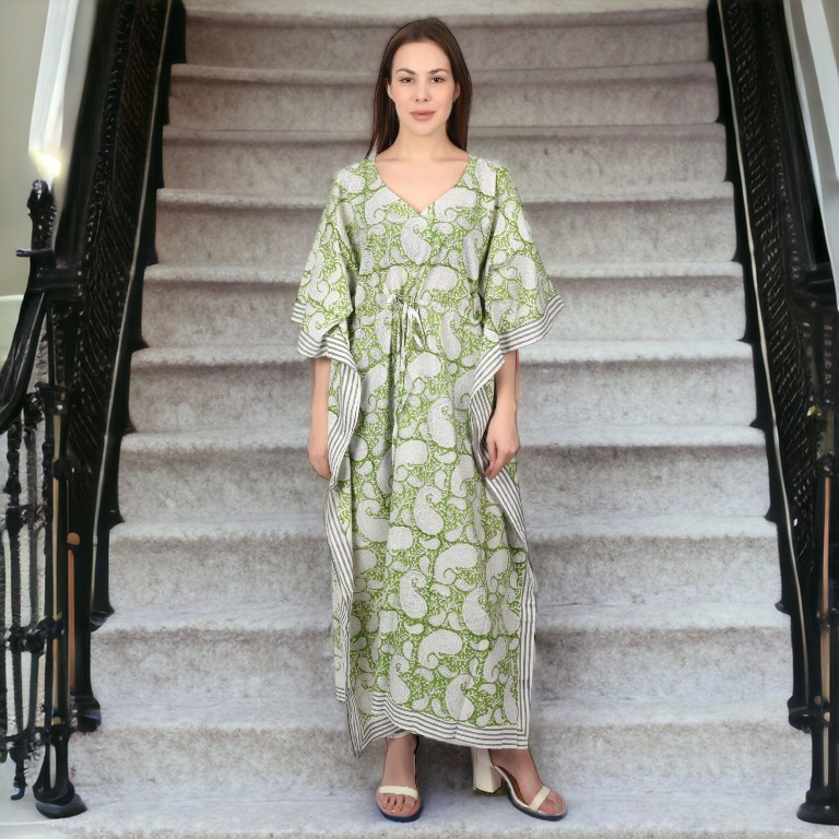 Hand Block Print Cotton Caftans For Women Free Size Vintage traditonal art Maxi gown sleepwear Night gown