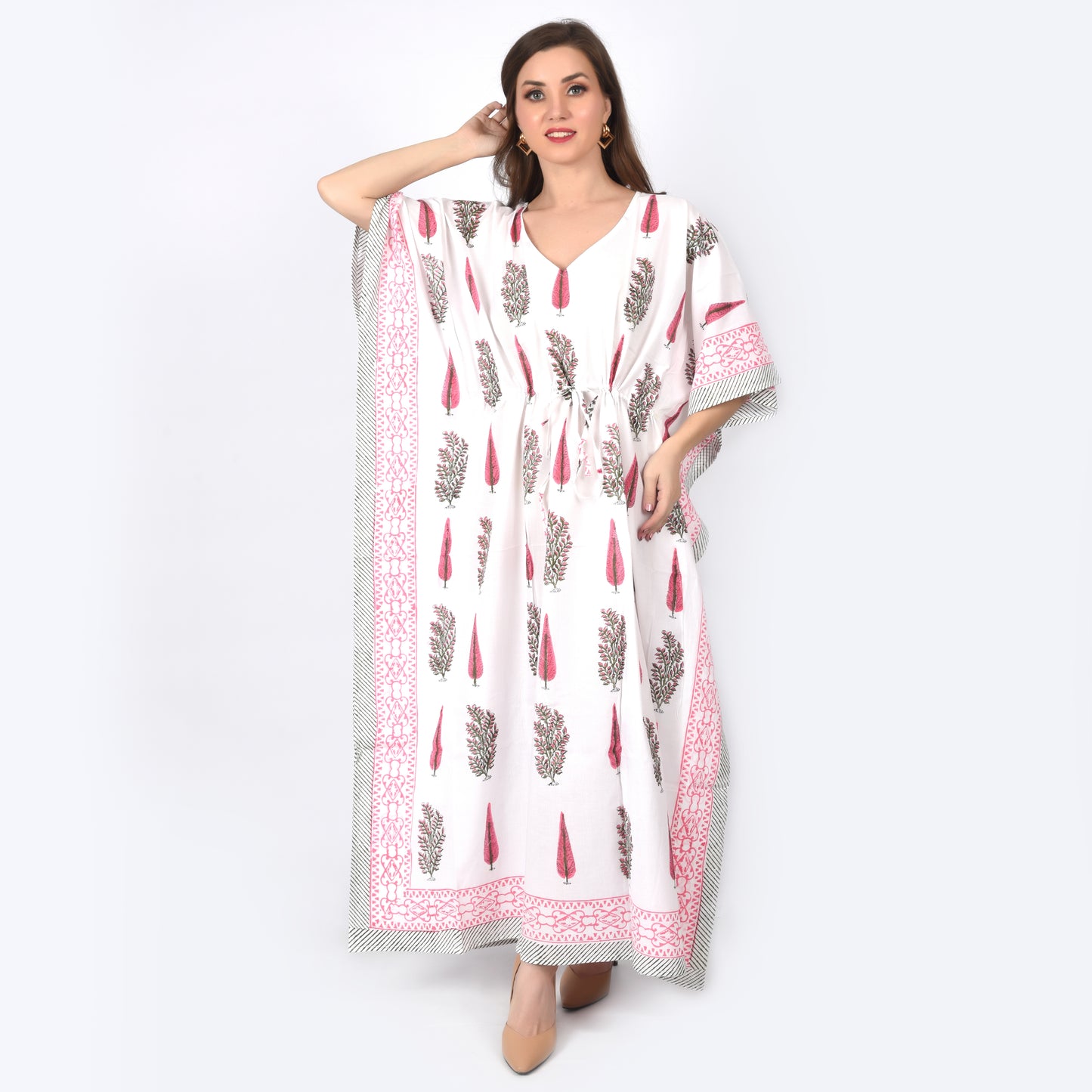 Hand Block Print Cotton Caftans For Women Free Size Vintage traditonal art Maxi gown sleepwear Night gown