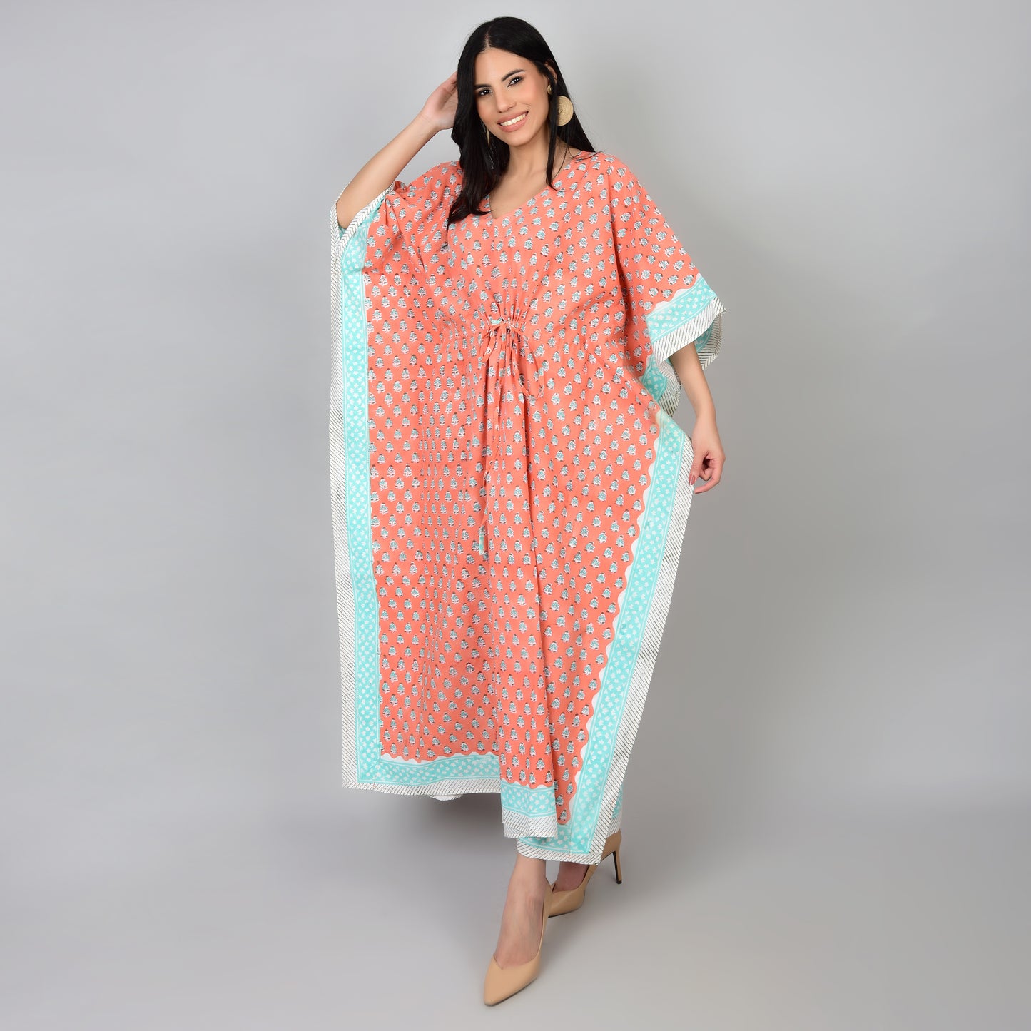 Hand Block Print Cotton Caftans For Women Free Size Vintage traditonal art Maxi gown sleepwear Night gown