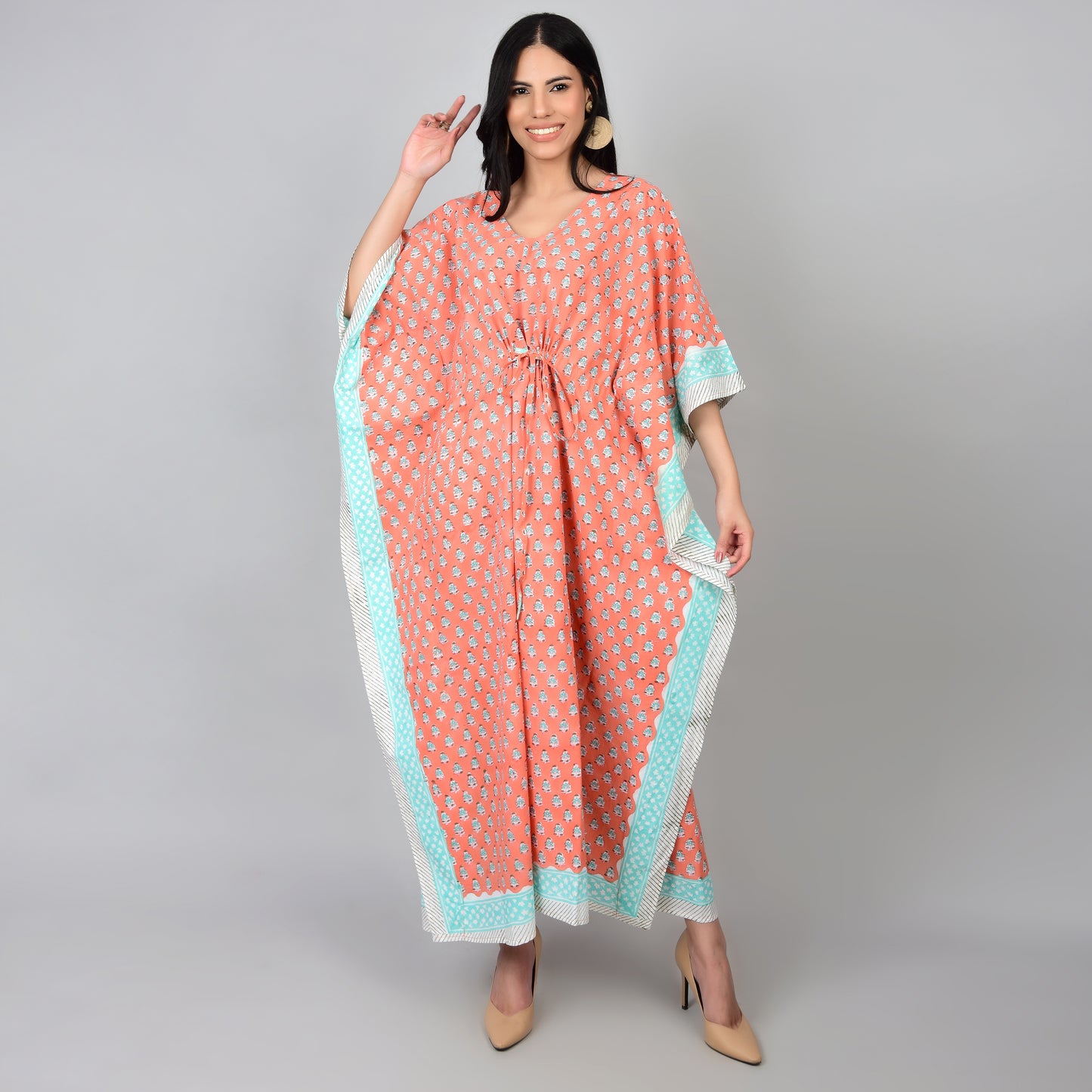 Hand Block Print Cotton Caftans For Women Free Size Vintage traditonal art Maxi gown sleepwear Night gown