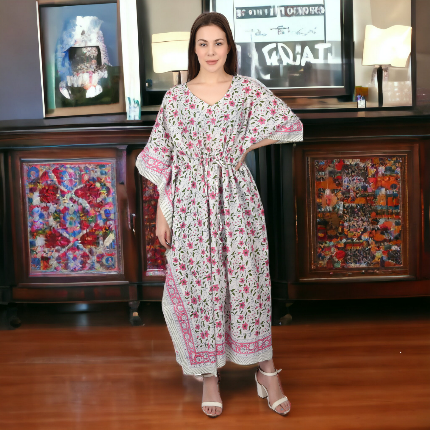 Hand Block Print Cotton Caftans For Women Free Size Vintage traditonal art Maxi gown sleepwear Night gown