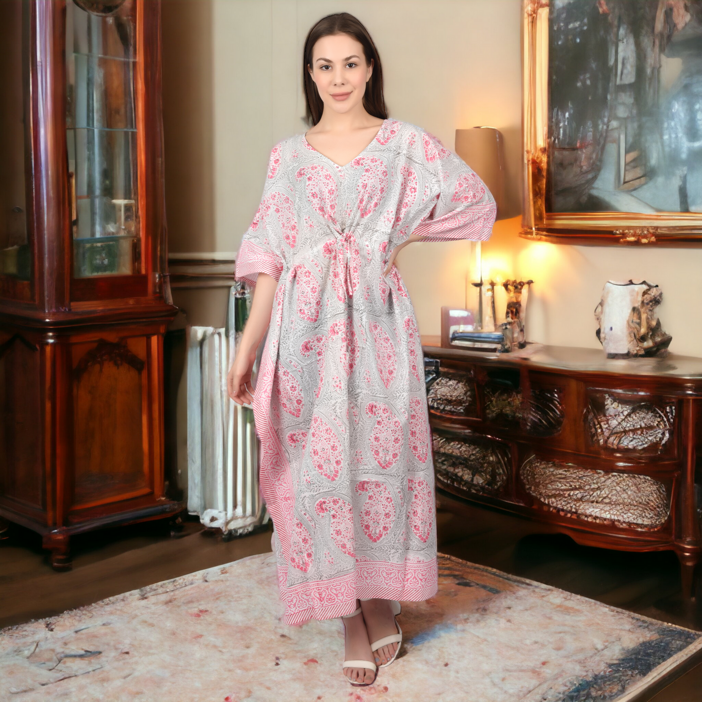 Hand Block Print Cotton Caftans For Women Free Size Vintage traditonal art Maxi gown sleepwear Night gown Kaftan dress
