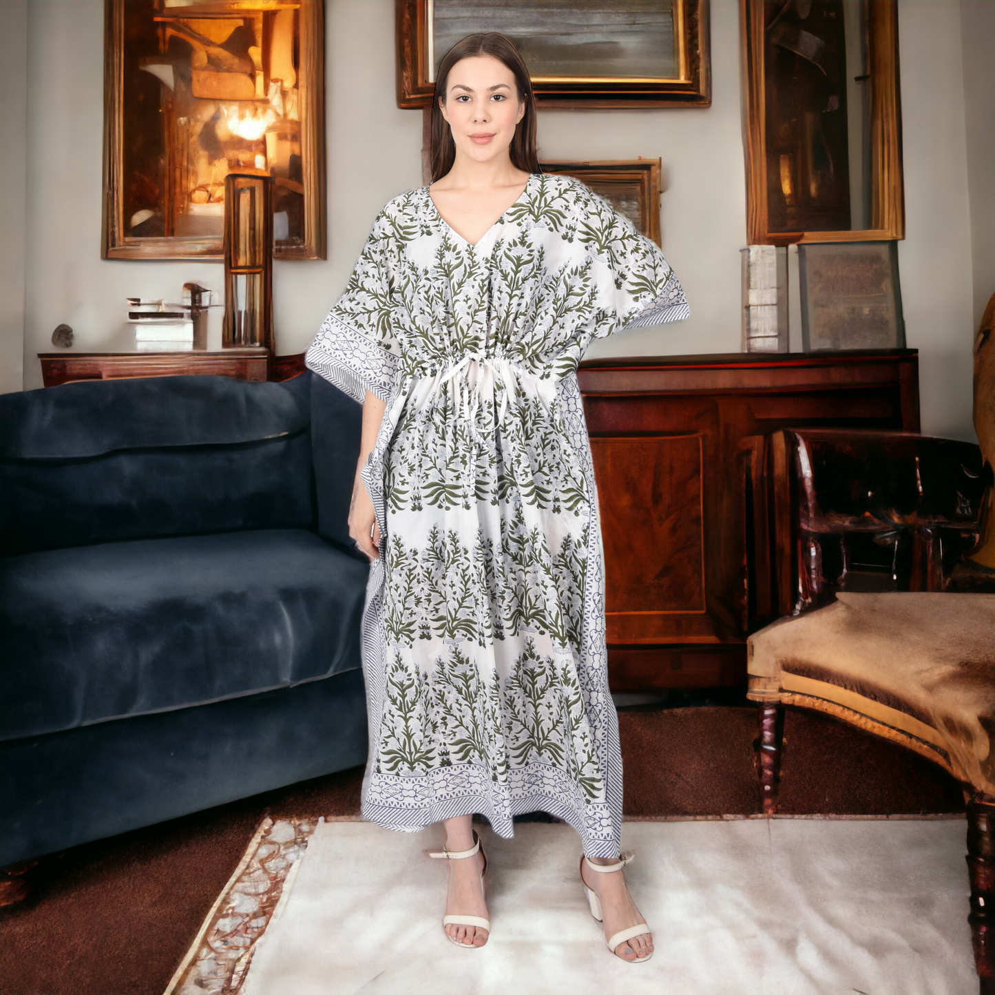 Hand Block Print Cotton Caftans For Women Free Size Vintage traditonal art Maxi gown sleepwear Night gown Kaftan dress