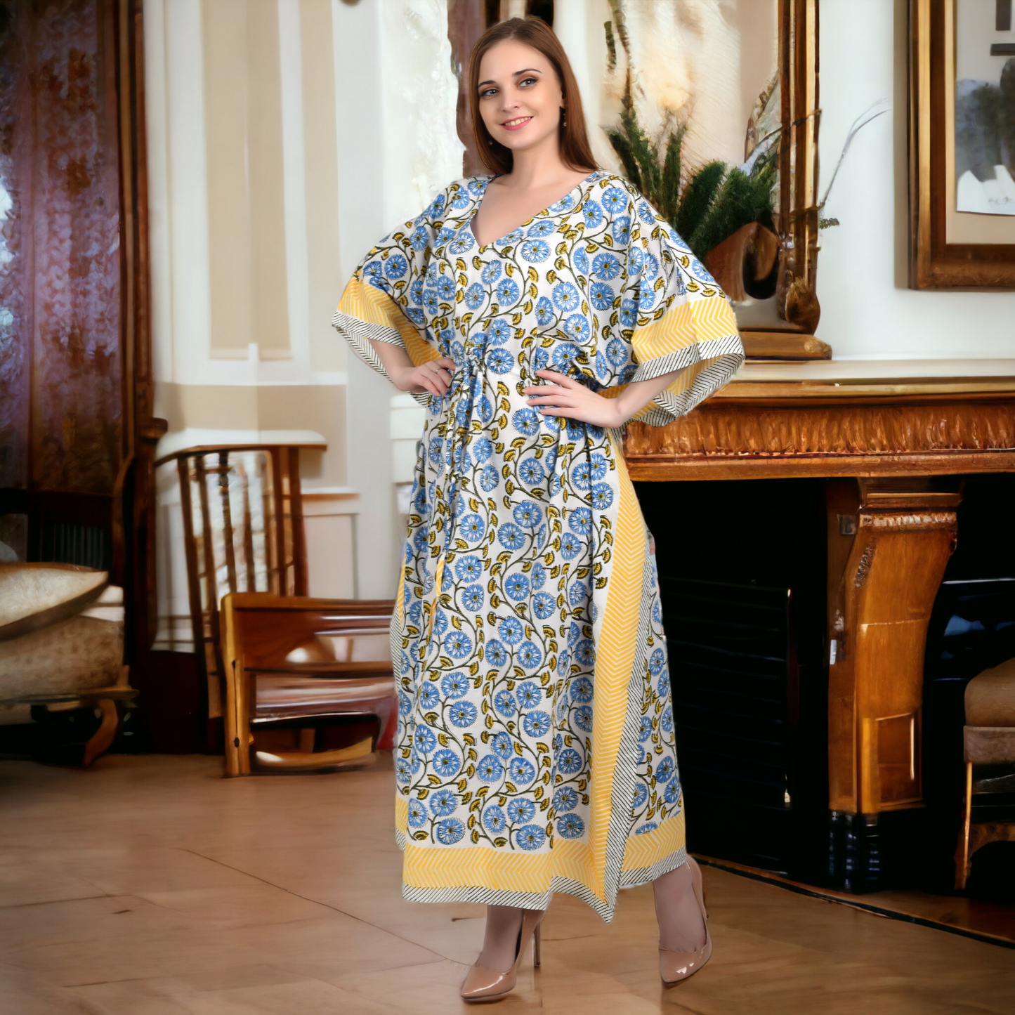 Hand Block Print Cotton Caftans For Women Free Size Vintage traditonal art Maxi gown sleepwear Night gown Kaftan dress