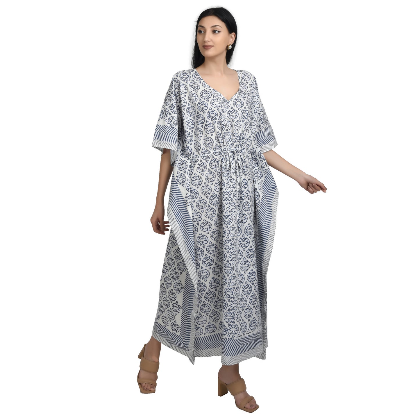 Hand Block Print Cotton Caftans For Women Free Size Sleepwear Vintage traditonal art