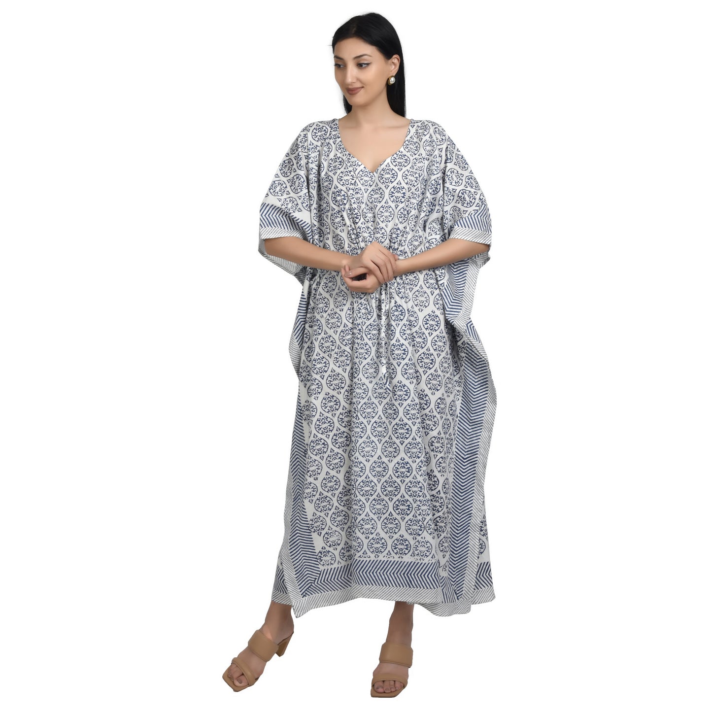Hand Block Print Cotton Caftans For Women Free Size Sleepwear Vintage traditonal art