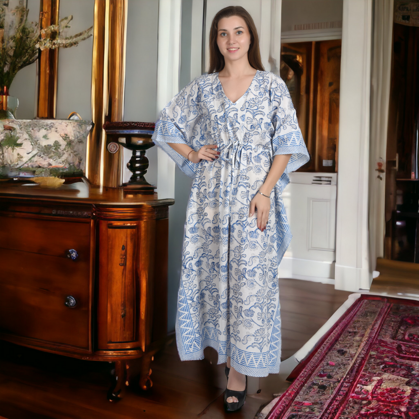 Hand Block Print Cotton Caftans For Women Free Size Vintage traditonal art Maxi gown sleepwear Night gown Kaftan dress