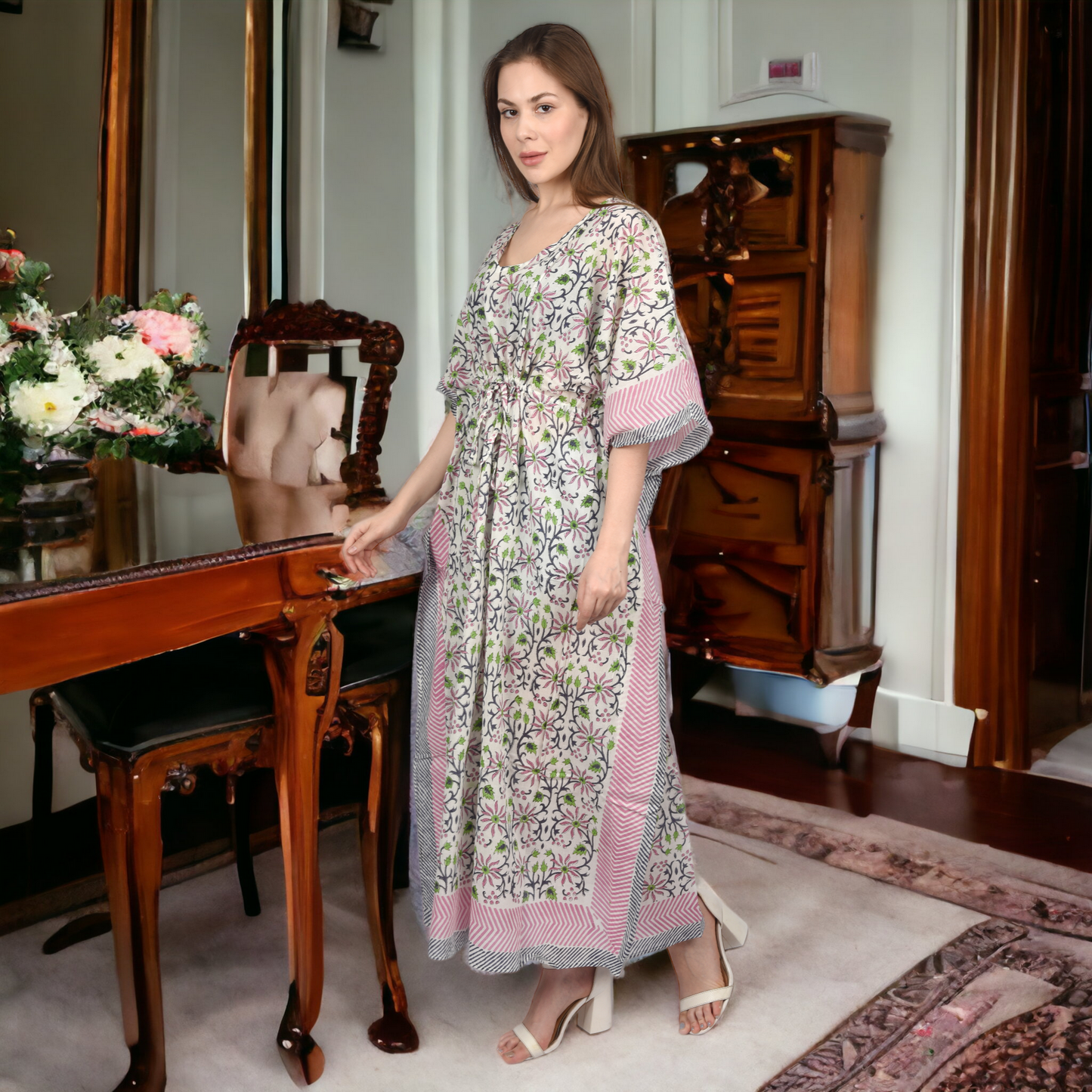 Hand Block Print Cotton Caftans For Women Free Size Vintage traditonal art Maxi gown sleepwear Night gown Kaftan dress