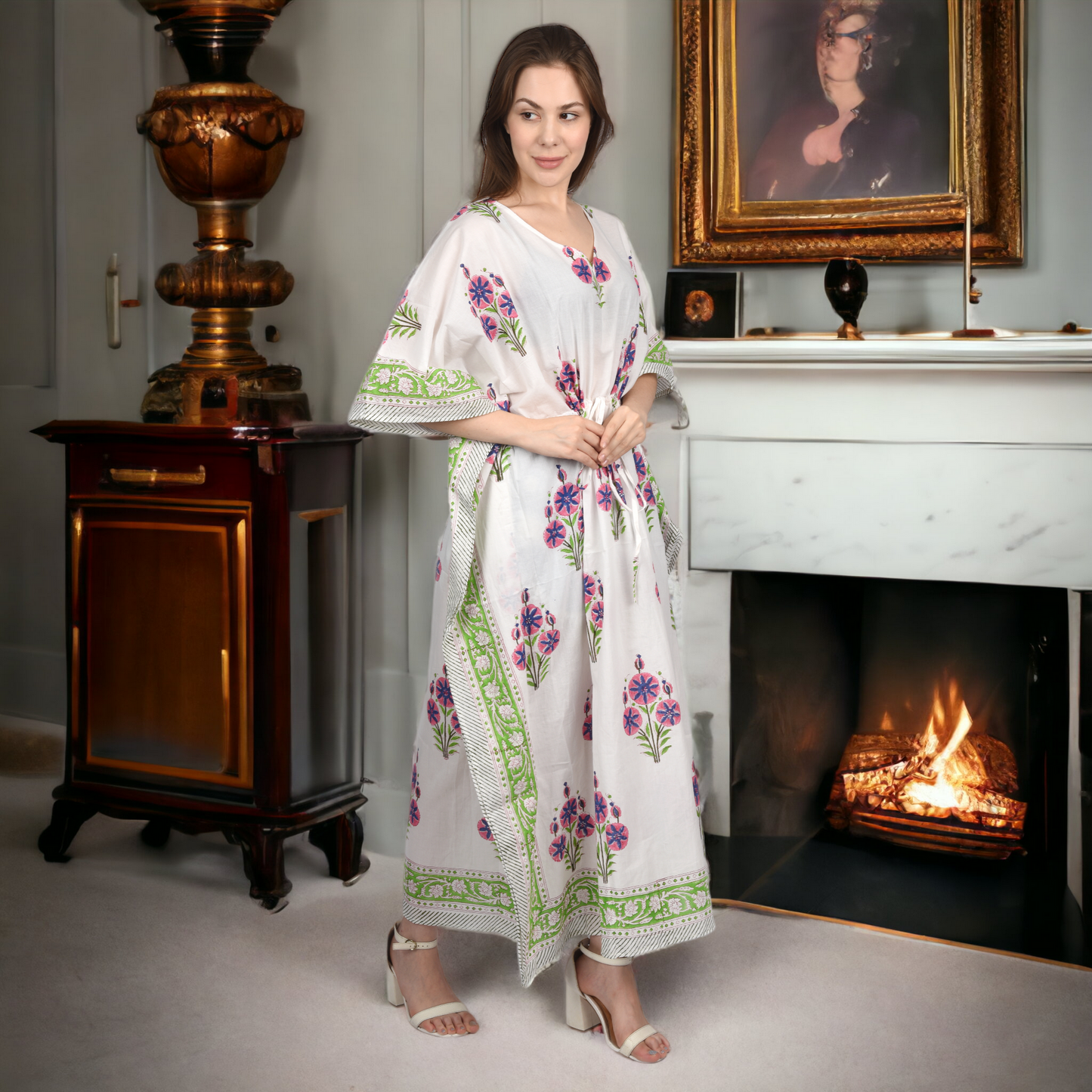 Hand Block Print Cotton Caftans For Women Free Size Vintage traditonal art Maxi gown sleepwear Night gown Kaftan dress